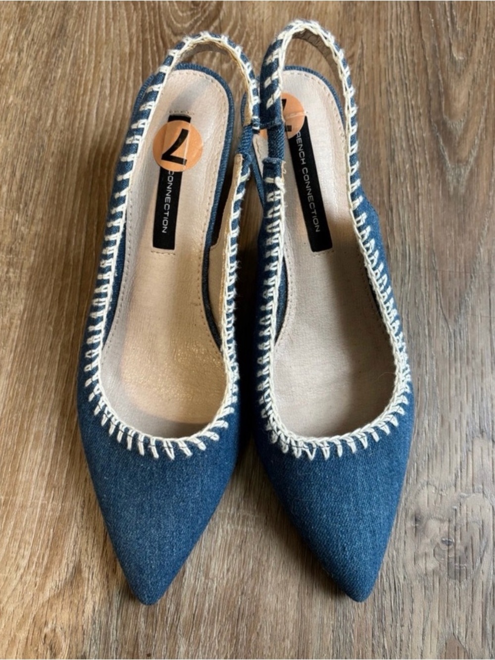 French Connection Blue Denim Pointed Slingback Flats with Cream Stitching